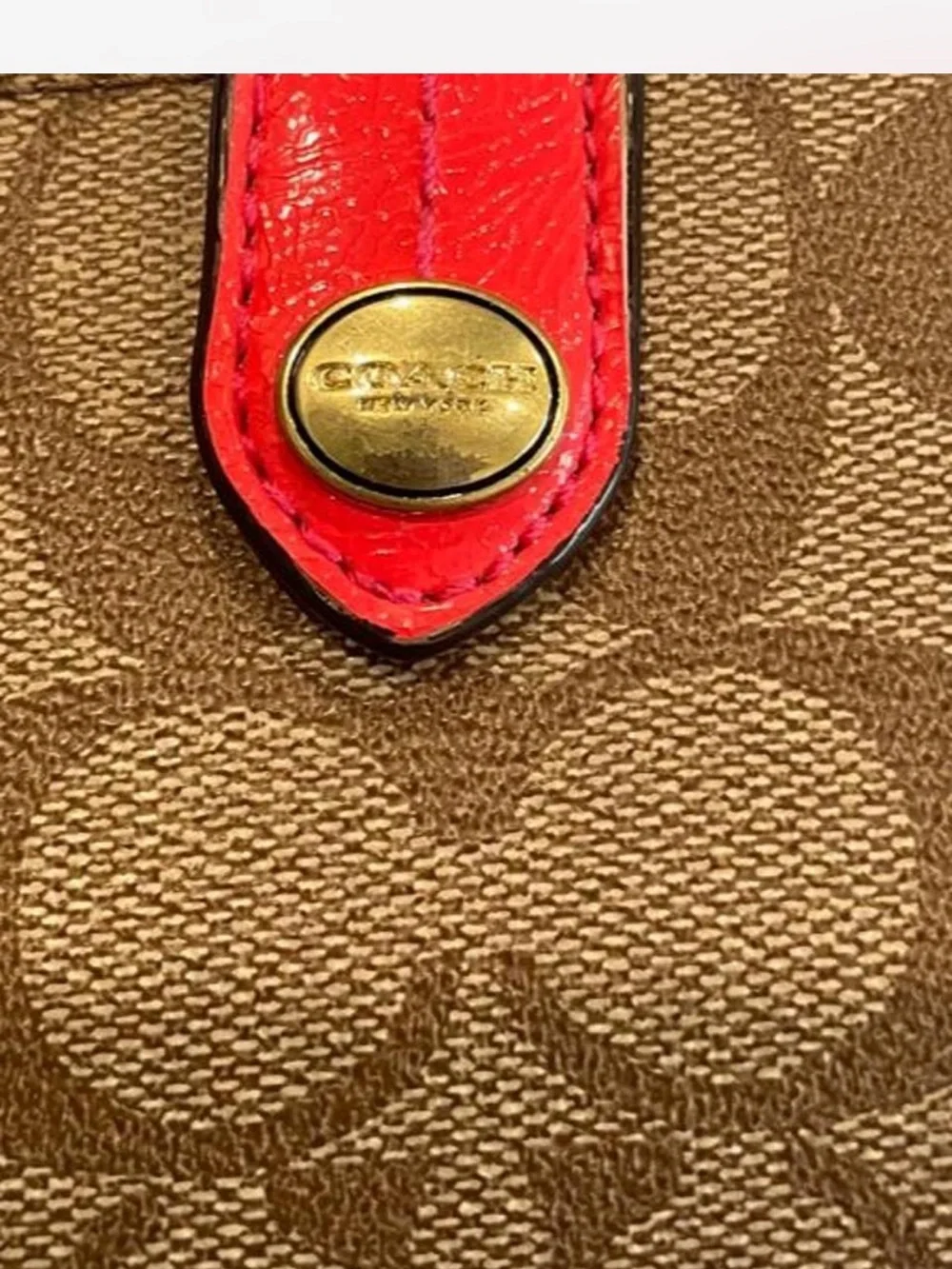 Coach Brown Signature Canvas Wristlet wallet with Red Strap